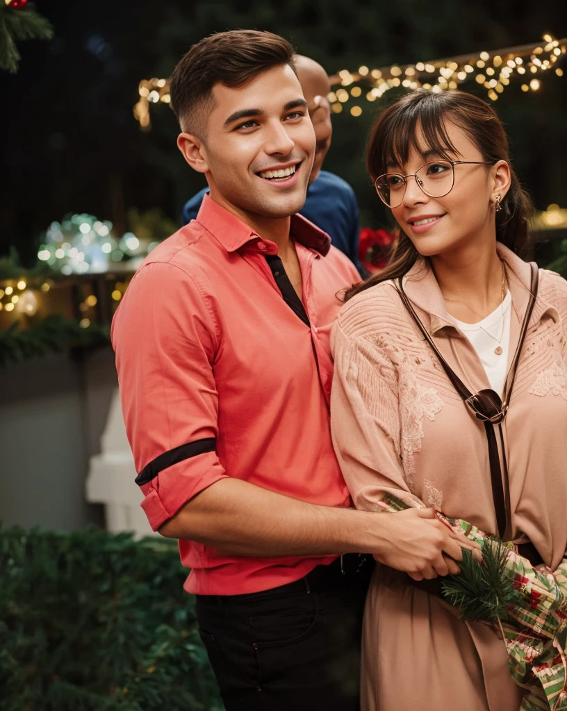 A couple hugging on the balcony during Christmas, they are in Christmas clothes 