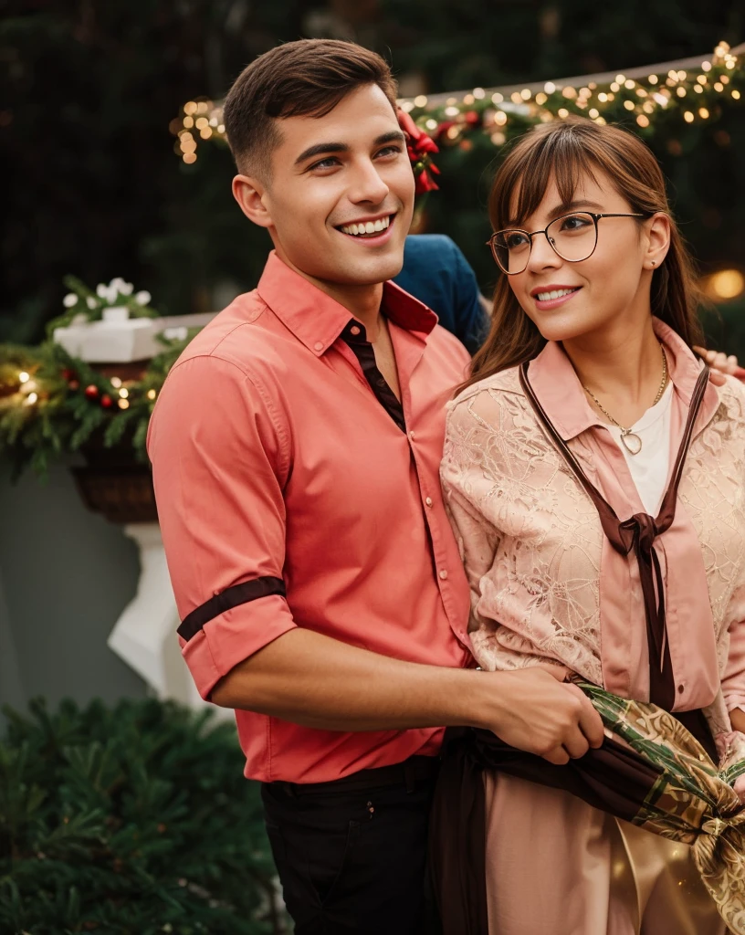 A couple hugging on the balcony during Christmas, they are in Christmas clothes