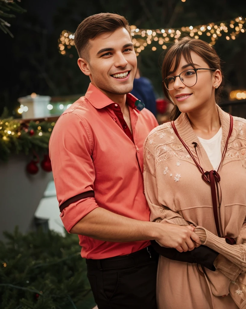 A couple hugging on the balcony during Christmas, they are in Christmas clothes 