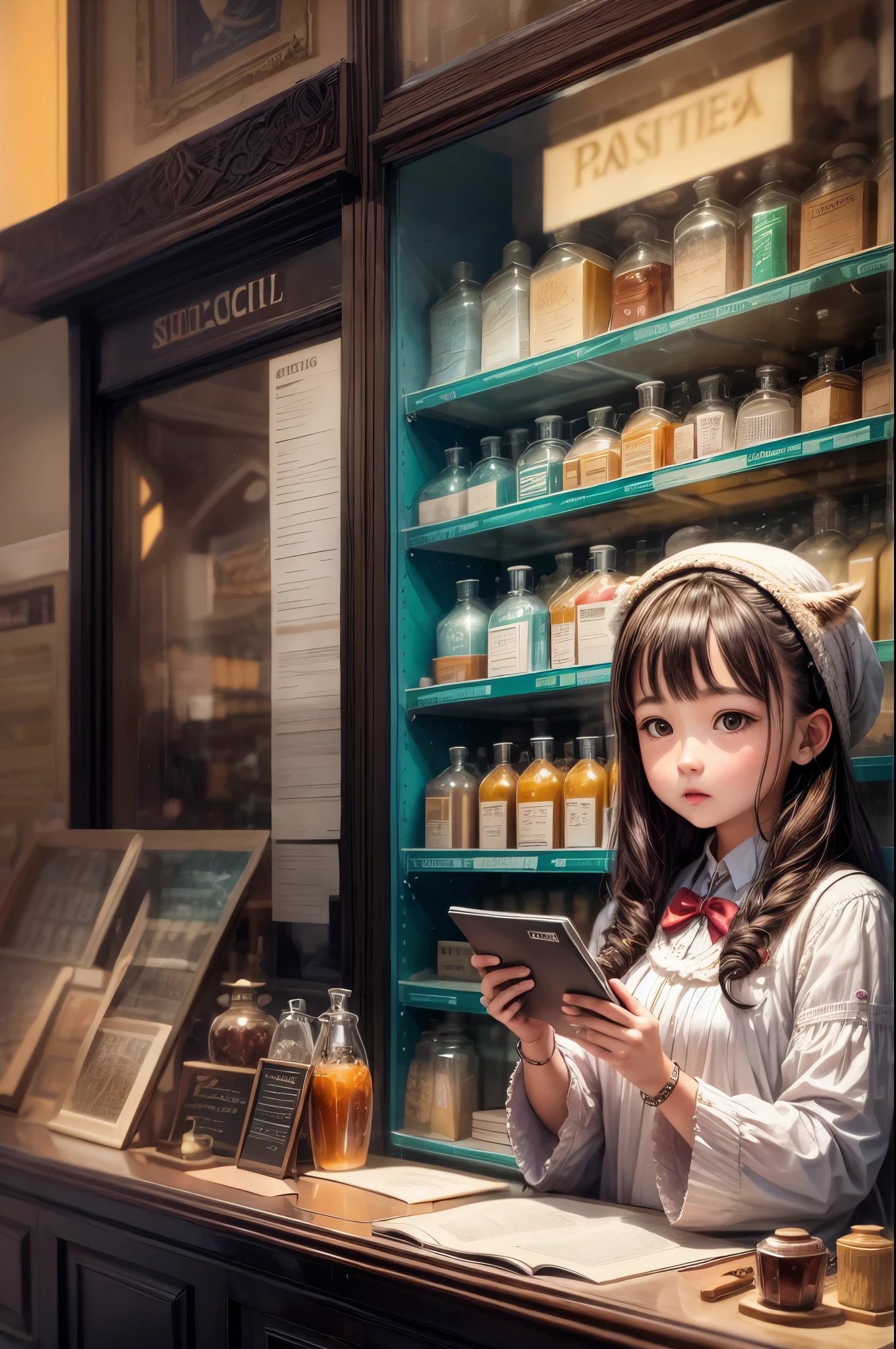 A photograph captures a girl with an owl's head, navigating a Pharmacie adorned with jars, as the evening sun casts warm and tinted light beams through the tinted glass. Embrace the rule of thirds to enhance the composition, focusing on the juxtaposition of the fantastical and the familiar.