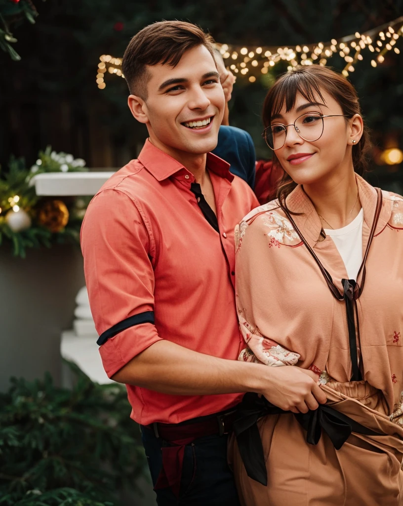 A couple hugging on the balcony during Christmas, they are in Christmas clothes