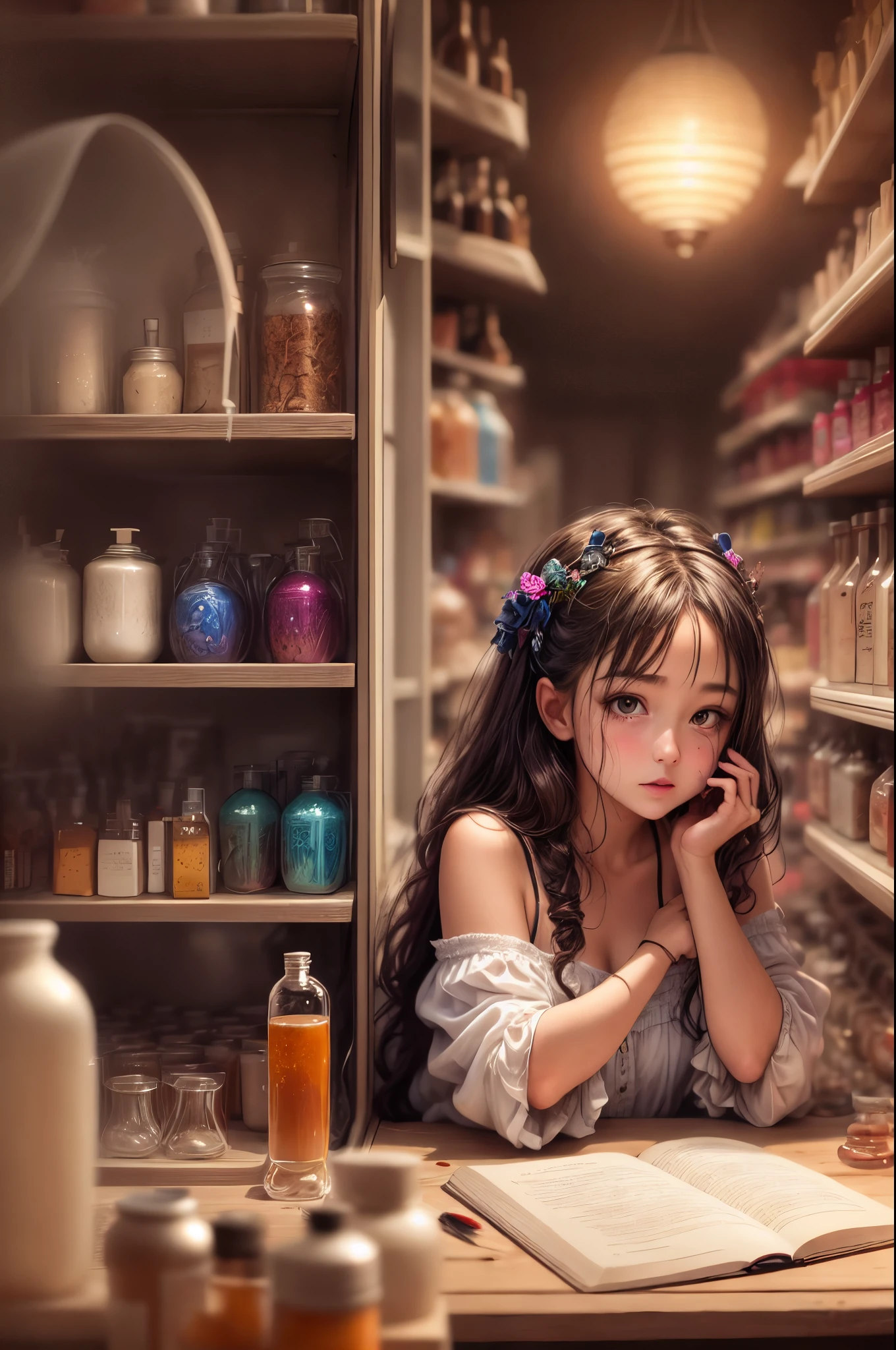 Paint a poetic scene where a girl, her head adorned with an owl's features, discovers the magic within a Pharmacie. Jars of secrets surround her, and the evening light, filtered through tinted glass, gently kisses the surroundings. Craft an ((emotional)) and evocative artwork that speaks to the mysteries of the night.
