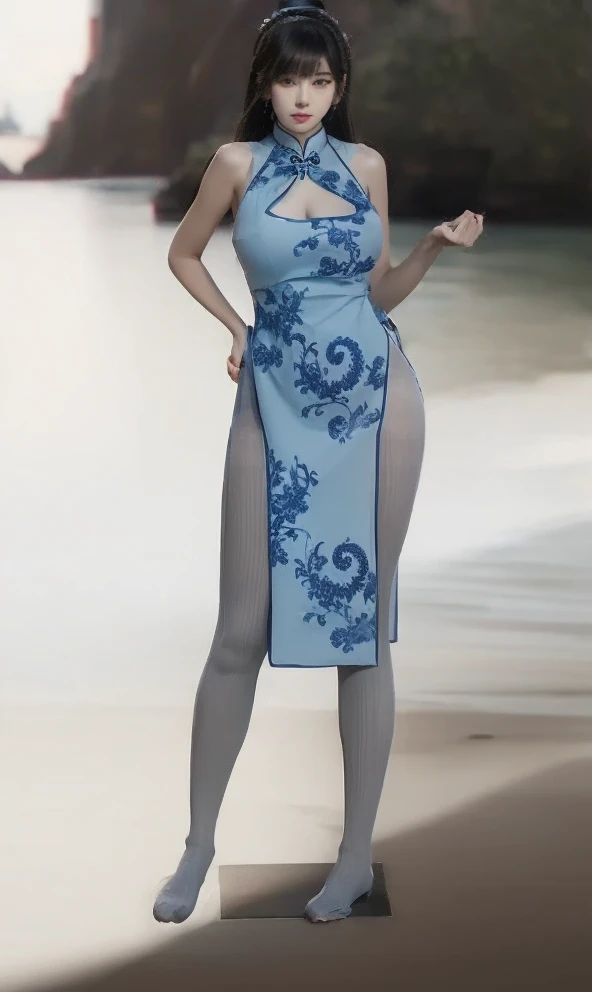A flight attendant,Blue and white porcelain cheongsam,Thick gray pantyhose,Cement gray stockings,Grey Stockings,Gray hip socks,Cocked buttocks,huge tit,Super detail,hyper HD,A high resolution,1080p,Anatomically correct,ccurate,Physical coordination,Photo portrait,slender thiest quality, Masterpiece, 超A high resolution, RAW photo, Beautiful and aesthetic,deepshadow, (Photorealistic:1.4), full-body composition, Striking perspective