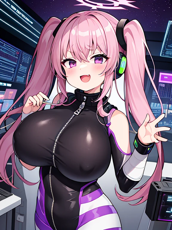 very detailed、masterpiece、high quality、one high school girl、12 years old、Loli、(black space suit、Yellow Accents)、front zipper、(Futuristic, Tight Fit Bodysuit)、headphone、Cyberpunk space station interior background、(colorful purple hair),ロングtwin tails, (pink eyes), change,twin tails,sassy change，cheey change，mesugaki,girl,天才girl、(big breast):1.0,(blush):1.1、halo、