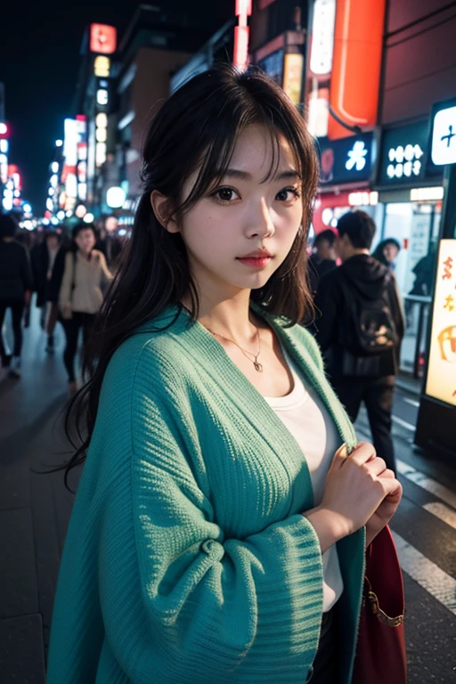 1girl, Tokyo street,night, cityscape,city lights, upper body,close-up, 8k, RAW photo, best quality, masterpiece,realistic, photo-realistic,