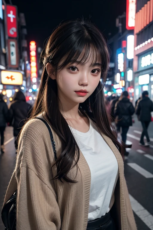 1girl, Tokyo street,night, cityscape,city lights, upper body,close-up, 8k, RAW photo, best quality, masterpiece,realistic, photo-realistic,