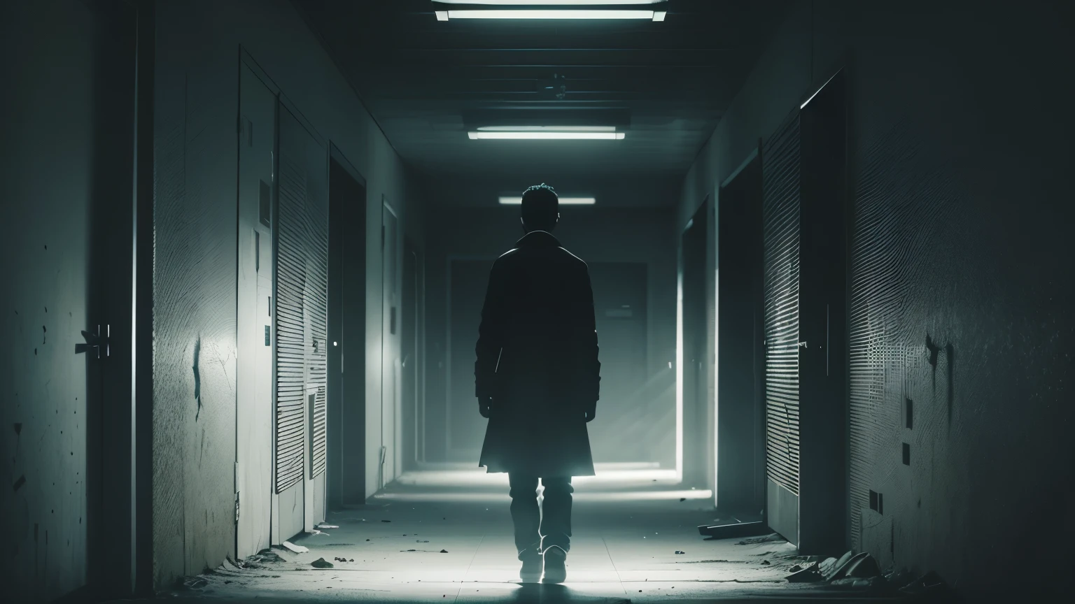 Intense psychological suspense scene depicting a solitary figure in a dimly lit, abandoned asylum, surrounded by shadowy corridors and flickering fluorescent lights. Rendered in the style of David Fincher's cinematography, using a digital medium to capture the chilling atmosphere, leverage a monochromatic color palette with stark contrasts to enhance the sense of foreboding. Utilize a Sony A7S III with a 24mm f/1.4 lens to emphasize the psychological weight of the environment and create a composition that heightens the suspense through strategic framing and camera angles.