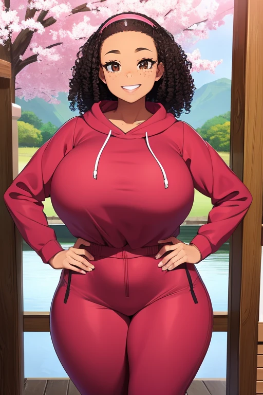 black girl, light skin (freckles), dark brown hair, medium afro, hanging curls, forehead, pink headband, chubby cheeks, narrow waist (thick hips), brown eyes ((long eyelashes, thick eyelashes)), hot pink hoodie, huge breasts (massive breasts:1.1) burgundy pants (long pants), pink lips, juicy pink lips, smile (with teeth), hands on hips, (outdoors porch, cowboy shot), (sunlight) sakura blossom scenery, looking at viewer (masterpiece, highres)