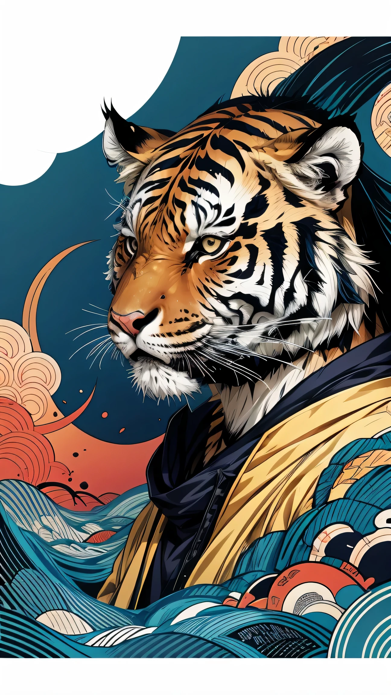 Tiger head illustration in japanese style, in the style of comic book dynamism, anime-inspired characters, light navy and light brown, site-specific artworks, hauntingly beautiful illustrations, fragmented icons, crisp neo-pop illustrations, white bg