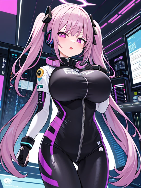 very detailed、masterpiece、high quality、one high school girl、、Loli、(black and white space suit、accent)、front zipper、(Futuristic, Tight Fit Bodysuit)、headphone、Cyberpunk space station interior background、(colorful purple hair),ロングtwin tails, (pink eyes), change,twin tails,sassy change，cheey change，mesugaki,girl,天才girl、(big breast):1.0,(blush):1.1、halo、