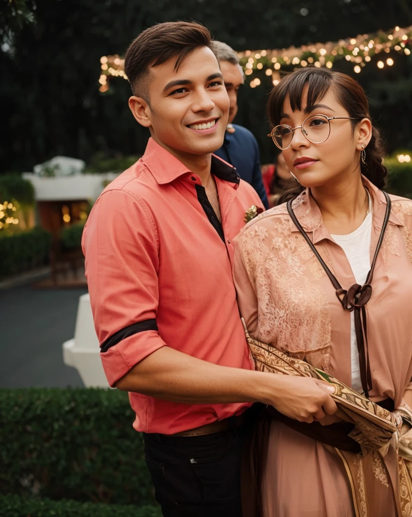A couple hugging on the balcony during Christmas, they are in Christmas clothes