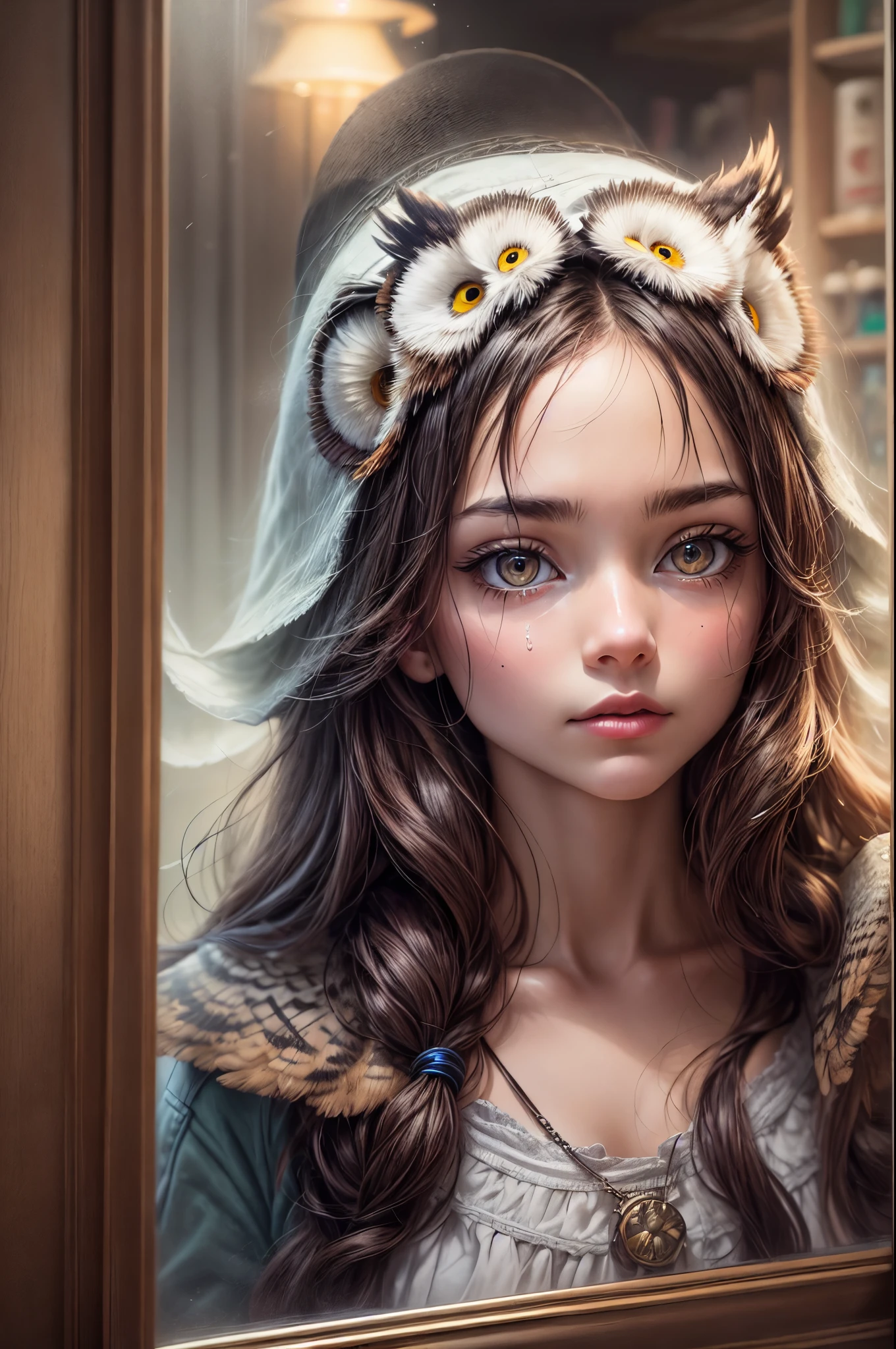 Paint a poetic scene where a girl, her head ((adorned with an owl's features)), discovers the magic within a Pharmacie. Jars of secrets surround her, and the evening light, filtered through tinted glass, gently kisses the surroundings. Craft an ((emotional)) and evocative artwork that speaks to the mysteries of the night.