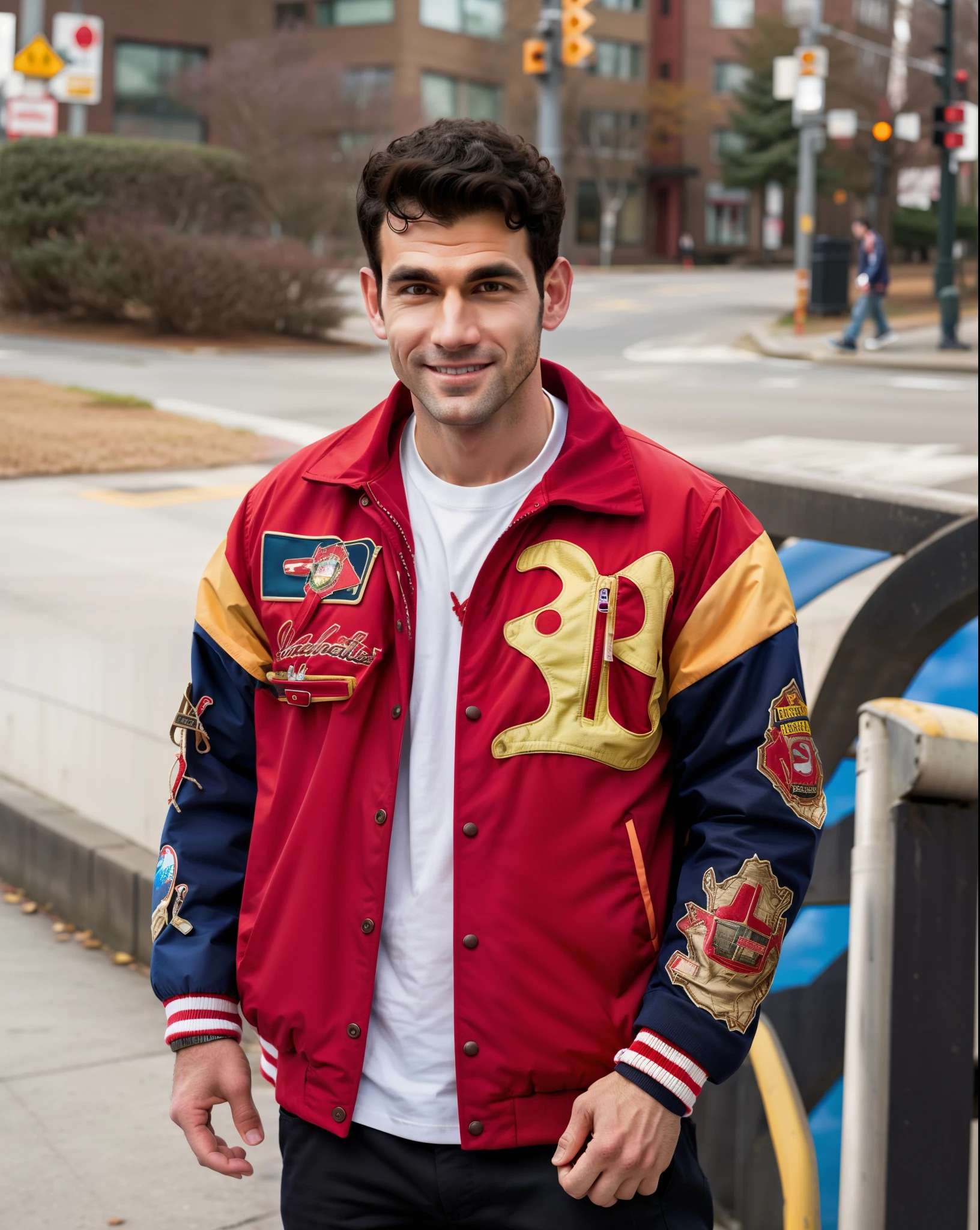 arafed man in a red jacket standing on a sidewalk, wearing red jacket, cool red jacket, handsome