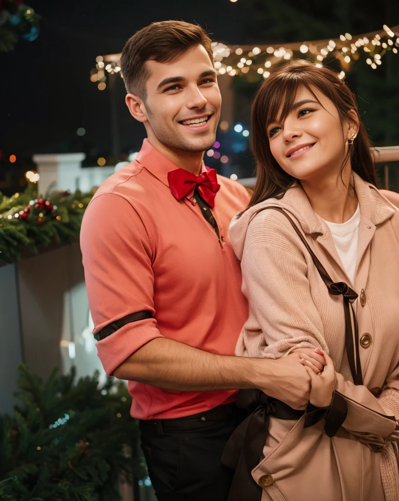 A couple hugging on the balcony during Christmas, they are in Christmas clothes