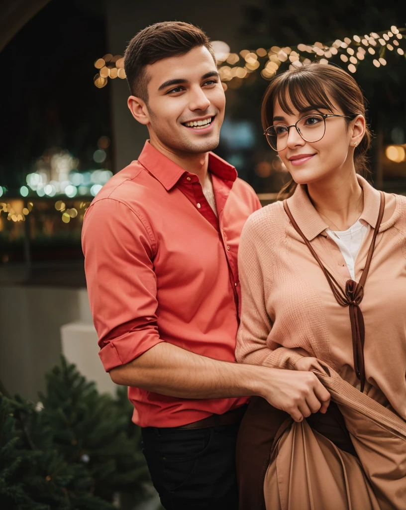 A couple hugging on the balcony during Christmas, they are in Christmas clothes