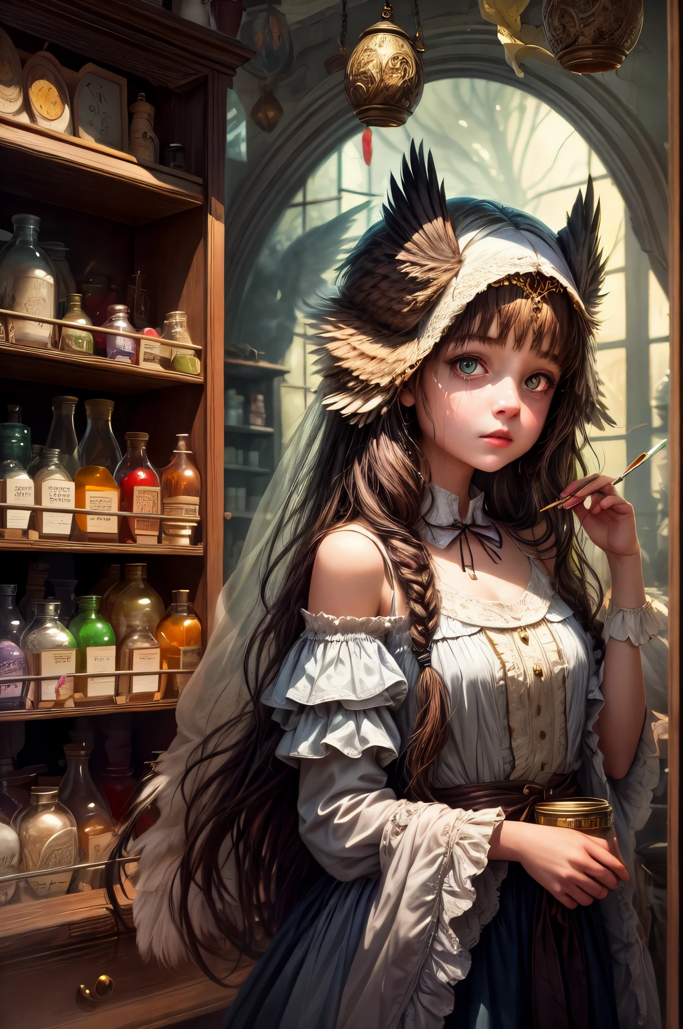 Paint a poetic scene where a girl, her head adorned with an owl's features, discovers the magic within a Pharmacie. Jars of secrets surround her, and the evening light, filtered through tinted glass, gently kisses the surroundings. Craft an ((emotional)) and evocative artwork that speaks to the mysteries of the night.