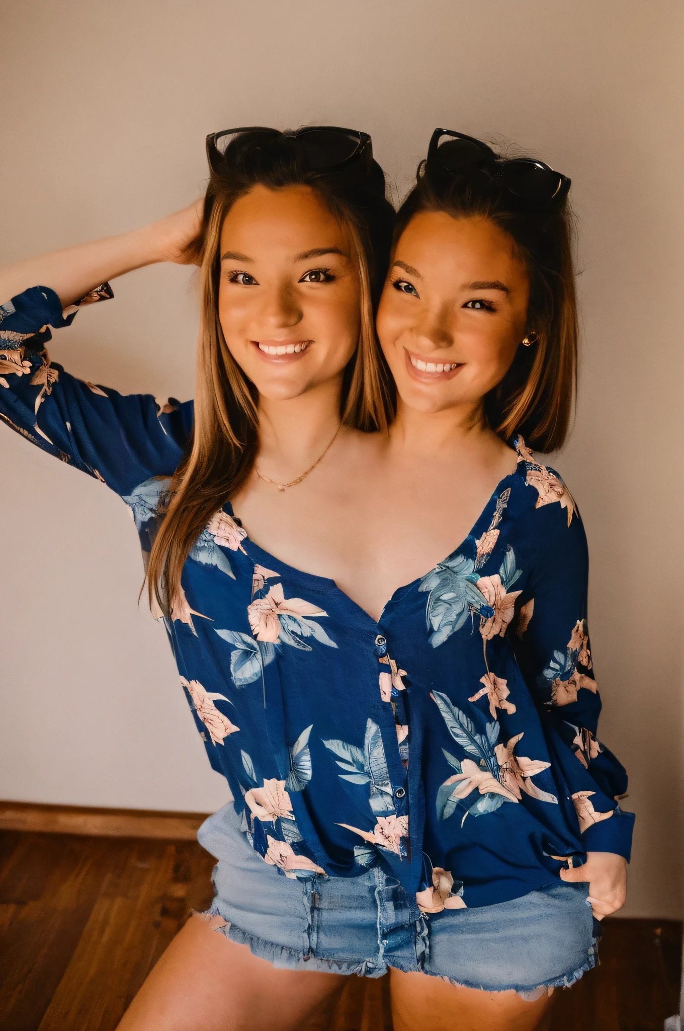 2girls, black hair and brown hair, blue and pink eyes, wearing a black shirt and overalls, red shirt and overalls, in the garden, smiling, holding hands