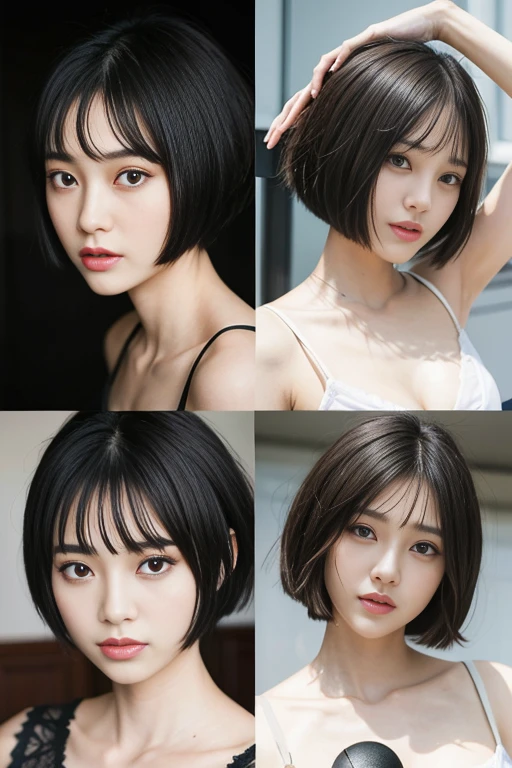 arafed asian woman with short hair and a black shirt, with short hair, with short hair with bangs, short straight hair, princess cut, 黒princess cutヘア, Black-haired Sui Ishida, 白princess cutの髪型, with short straight brown hair, black short curtain haircut, with a bob cut, short hair with gel, short black hair,naked.