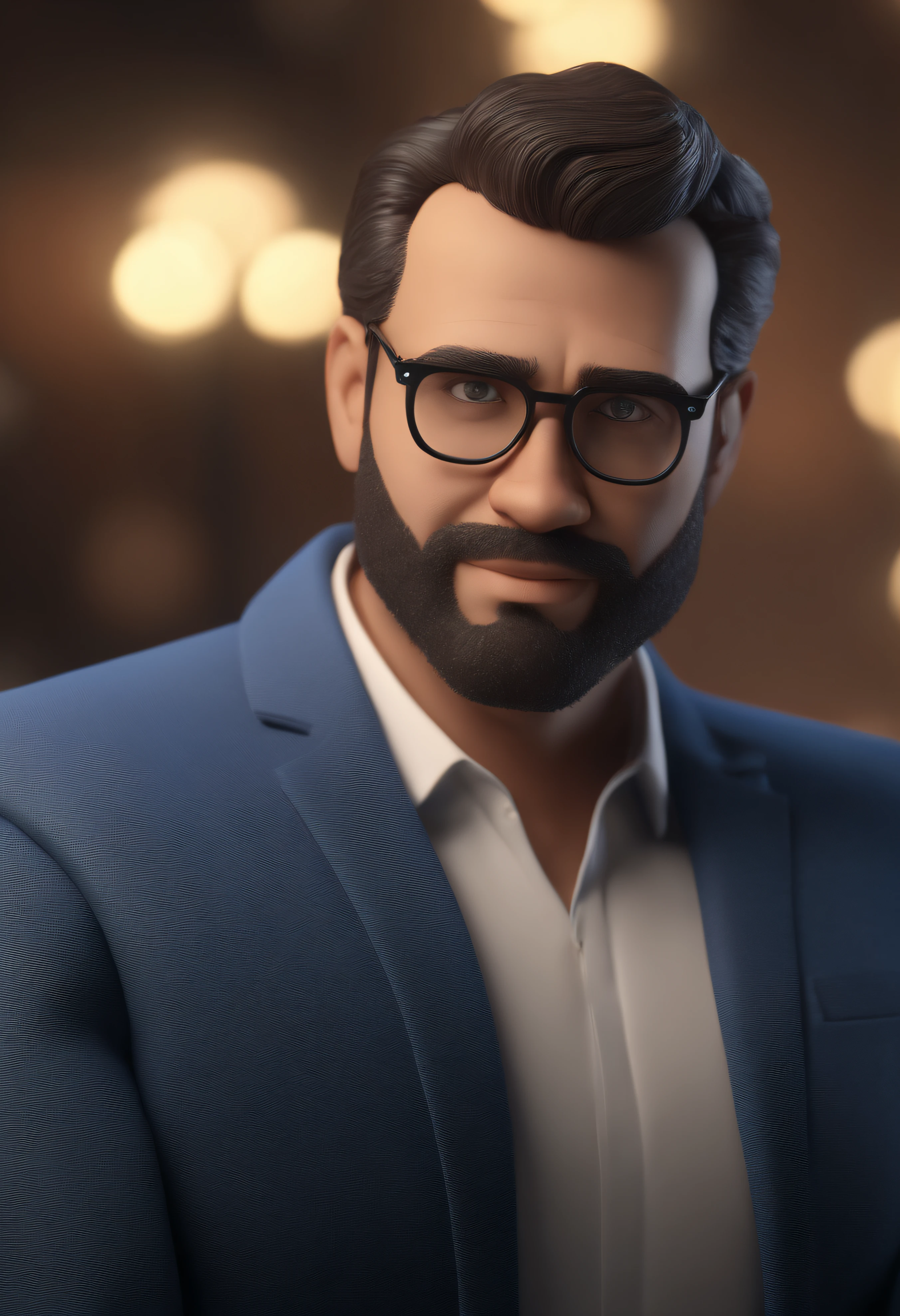 Cartoon character of a man with rectangular black glasses and a suit with blue shirt, barba, Bible, Serious Animation Character, Caractere estilizado, animation style rendering, 3D estilizado, Arnold Maya render, 3 d render stylized, toon render keyshot, Personagem 3D, Personagem 3D, 3d rendering stylized, 3 d character render, personagem de desenho animado, Personagem de close up, Pose de personagem, (Estilo Pixar) (master part:1.2) (Bokeh) (best quality) (pele detalhada) (textura detalhada) (8k) (argila) (Cinematic lighting) (foco nítido