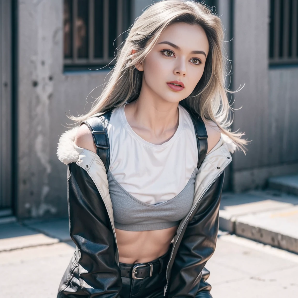 gorgeous cute Austrian girl, (crop  top), Steel gray hair loose  hair, wears a black top ,black boots, standing on the street, white fluffy clothes, yoga paint and long jacket  , looking back towards camera , perfectly symmetrical face, realistic detailed skin, vivid colours, HDR, hard shadows, art photography, sharp focus, masterpiece, breathtaking, atmospheric perspective, diffusion, pore correlation, skin imperfections, 80mm Sigma f2, depth of field, intricate natural lighting