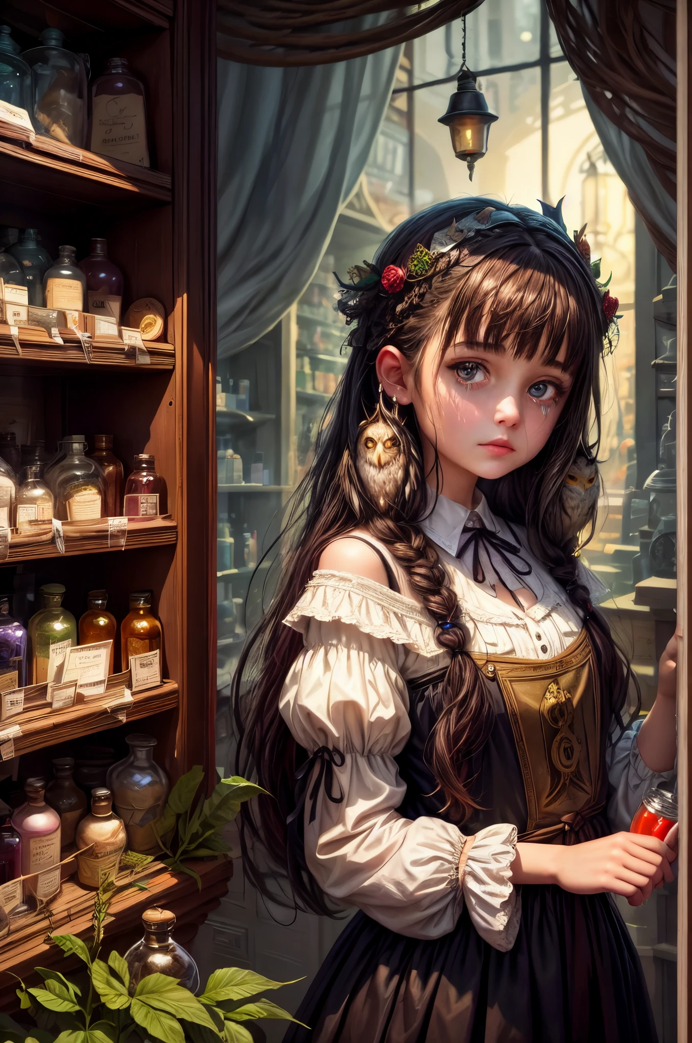 Paint a poetic scene where a girl, her head adorned with an owl's features, discovers the magic within a Pharmacie. Jars of secrets surround her, and the evening light, filtered through tinted glass, gently kisses the surroundings. Craft an ((emotional)) and evocative artwork that speaks to the mysteries of the night.