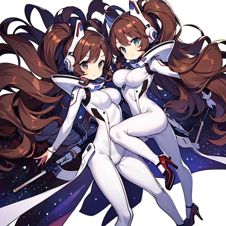 perfect anime illustration, multiple girls, thousands of girls, Millions of girls, Rich girl, clone, identical sisters, sisters flock together, background sisters, brown hair, curly hair, hairstyle that suits you, hazel eyes,, white futuristic bodysuit spacesuit, Hair style to match high heels, white background, High resolution, whole body, sisters marching