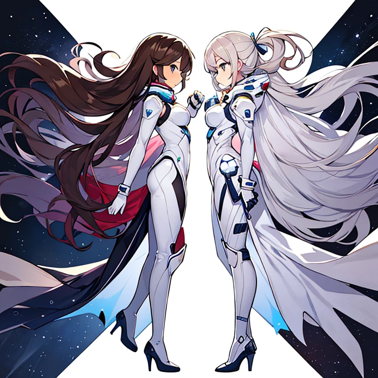 perfect anime illustration, multiple girls, thousands of girls, Millions of girls, Rich girl, clone, identical sisters, sisters flock together, background sisters, brown hair, curly hair, hairstyle that suits you, hazel eyes,, white futuristic bodysuit spacesuit, Hair style to match high heels, white background, High resolution, whole body, sisters marching