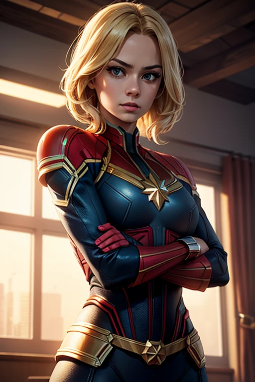 blonde girl, Captain Marvel, combat stance, highly detailed, vibrant appearance, creative behavior, imaginative, , spontaneous, small breasts, sexi, revealing, naked breasts, highest quality, skin texture, intricate details, (cinematic lighting), RAW photo, 8k, masterpiece,best quality,ultra-detailed,very detailed illustrations,extremely detailed,intricate details,highres,super complex details,extremely detailed 8k cg wallpaper