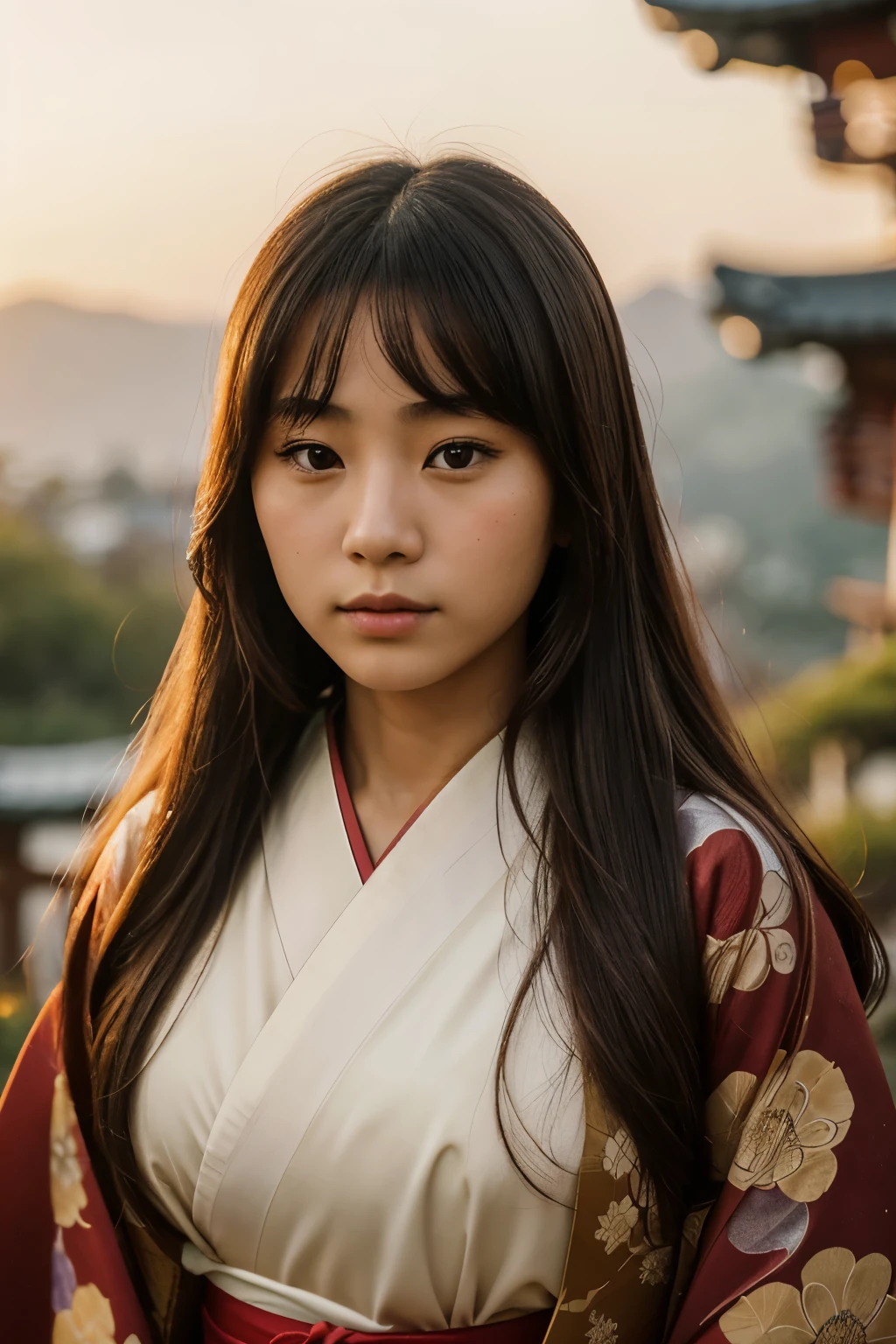(masterpiece, highest quality, highest resolution, distinct_image, detailed details, photography, 8k, hd): (Solo, lone girl, ((native japanese)), girl, 20 years old, hills, golden hour, 1890s, beautiful girl, long hair, straight hair, mediun close-ups, looking at camera, looking at viewer, tribeswoman, simple kimono, peasant, ((Natural face)), ancient civilization)