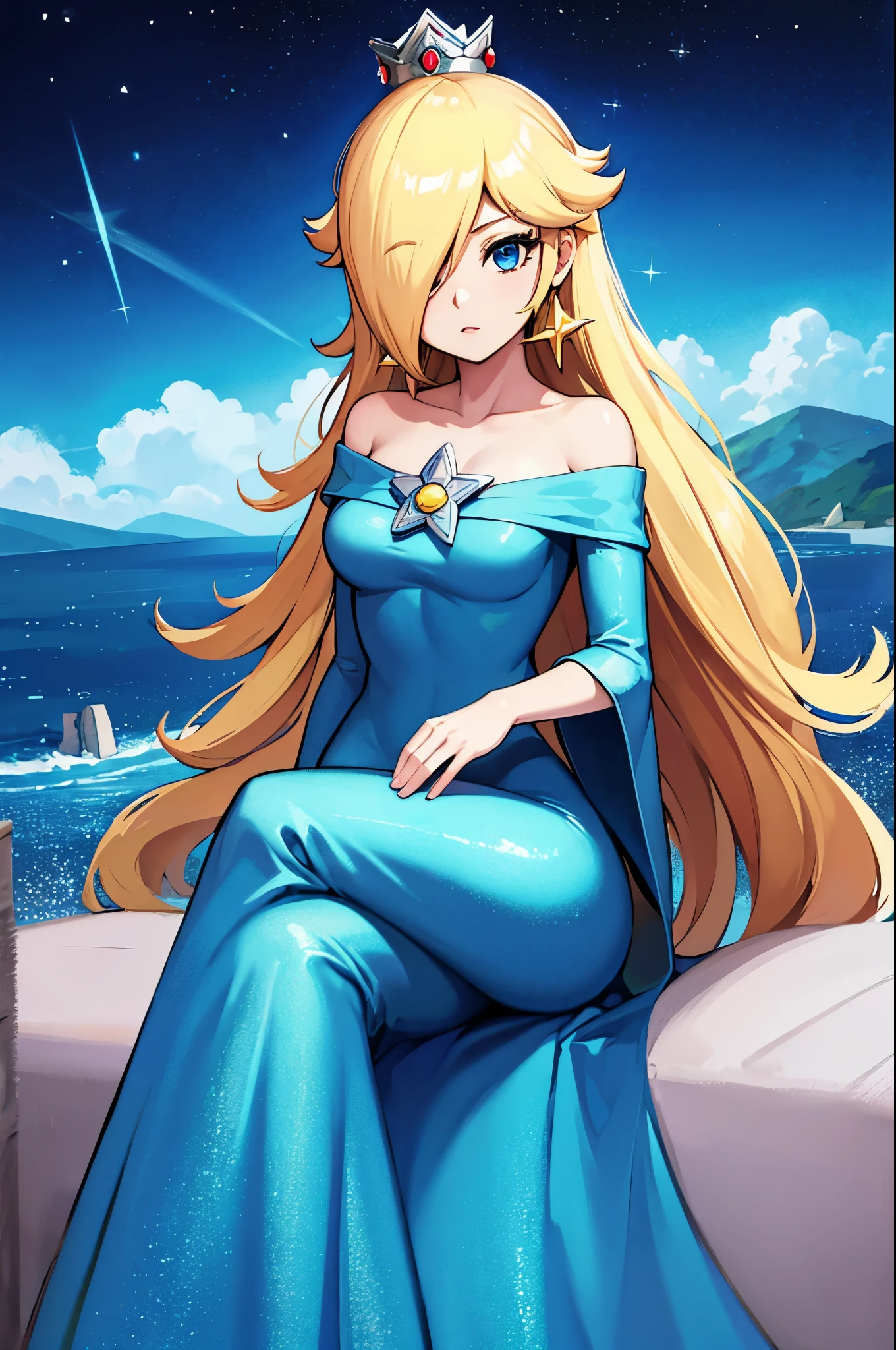 (masterpiece), best quality, expressive eyes, perfect face, highres, 1 girl, solo, rosalina, blonde hair, blue eyes, hair over one eye, long hair, blue dress, crown, dress, earrings, jewelry, princess, robe, bare shoulders, crossed legs, star earrings, space, starry background, glowing particles, good illumination, sitting, portrait, looking at the viewer