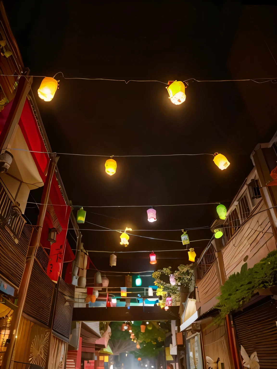 there are many bird cages hanging from the wires in the air, hanging lanterns, street lanterns are shining, taken with sony a7r camera, street lanterns, taken with a canon dslr camera, captured with sony a3 camera, cables hanging, wires hanging, wires hanging above street, taken with sony alpha 9, interesting lights, taken with canon 8 0 d, lanterns. Give dada photoralism effect. 