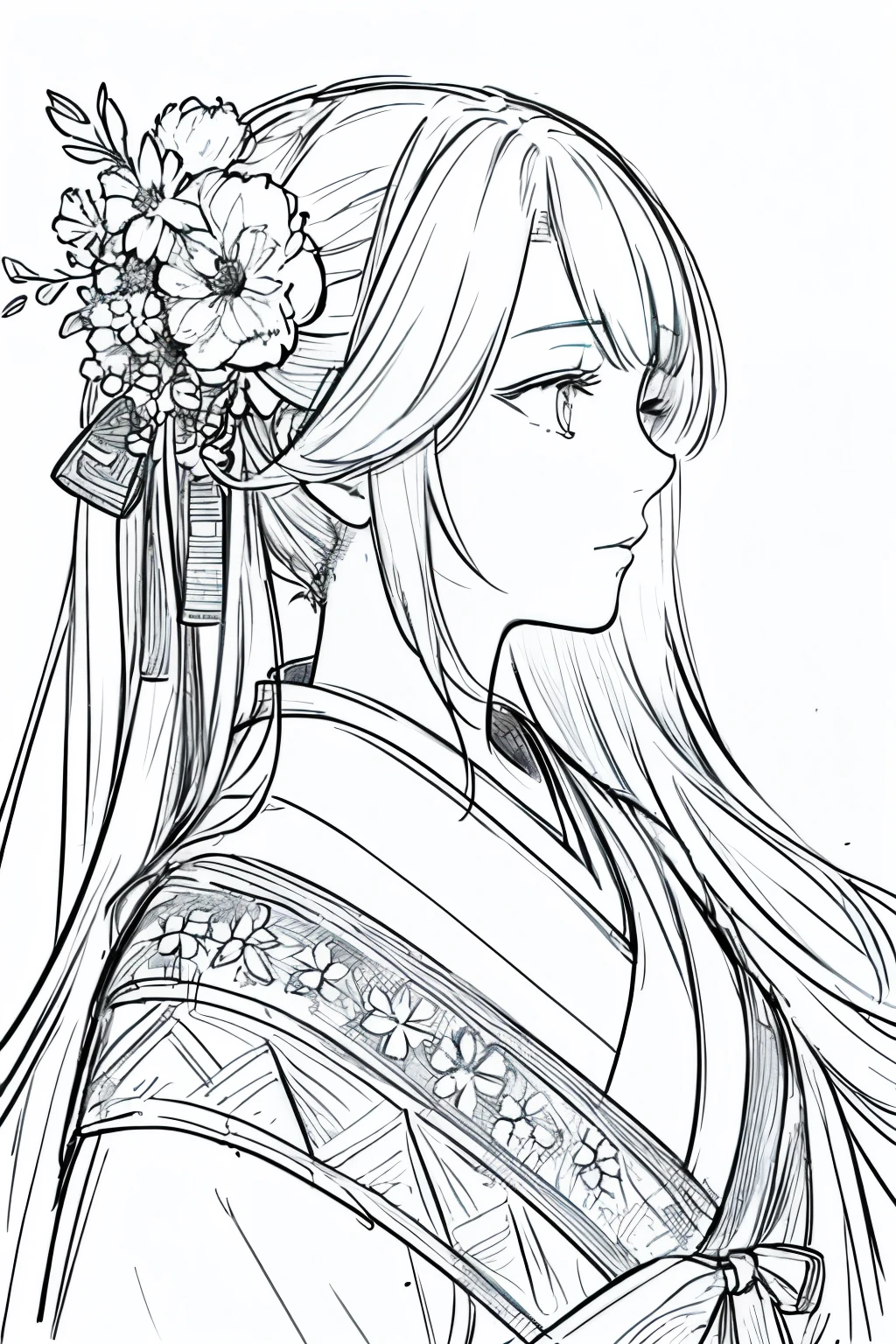 masterpiece, acura, 1girl, solo, hanfu, long hair, profile close-up, flower line drawing background, white background, monochrome, line drawing, ((sketch))