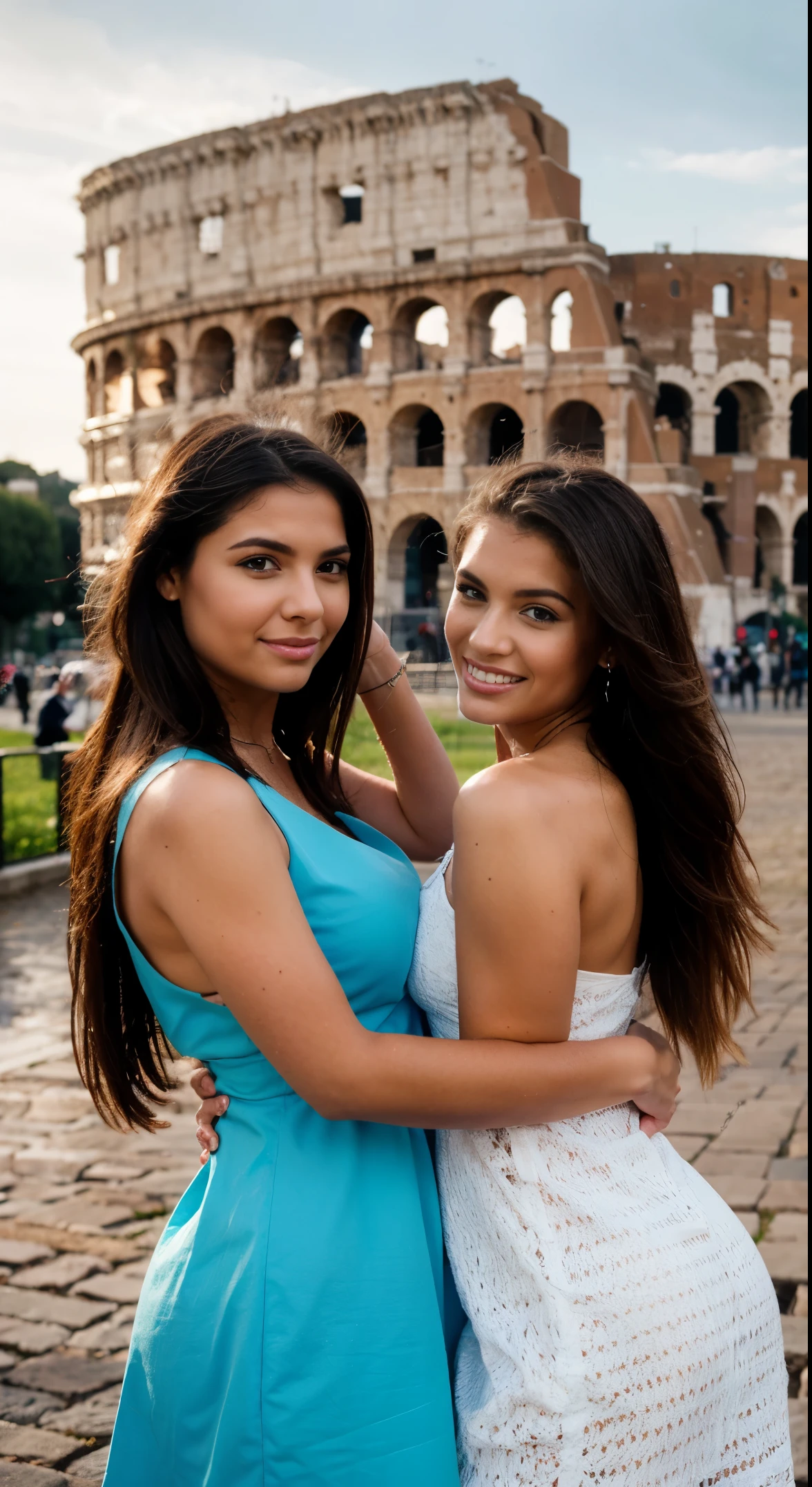 Two woman taking a picture in Rome, in front of the colosseum, wearing summer dresses, one is a stunning beautiful Latina and the other one is a white beautiful girl with light brown hair