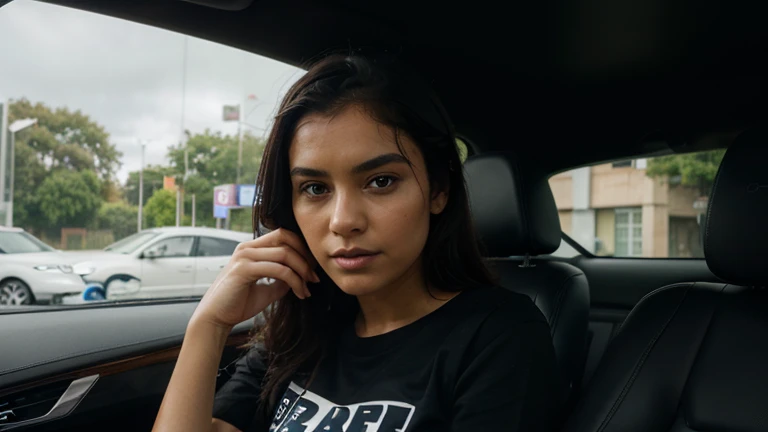 a beautiful girl, wearing a black t-shirt that says "Arief Yohaamart", is in the newest Jaguar car, you can see the view outside the window, it's raining heavily, the girl is waiting for the rain, relaxing in the car, holding an orange Nokia N-gage cell phone, brownish black hair, wet, because it had been exposed to rain from outside the car, the car's dark blue interior had the Chelsea football club emblem on it.