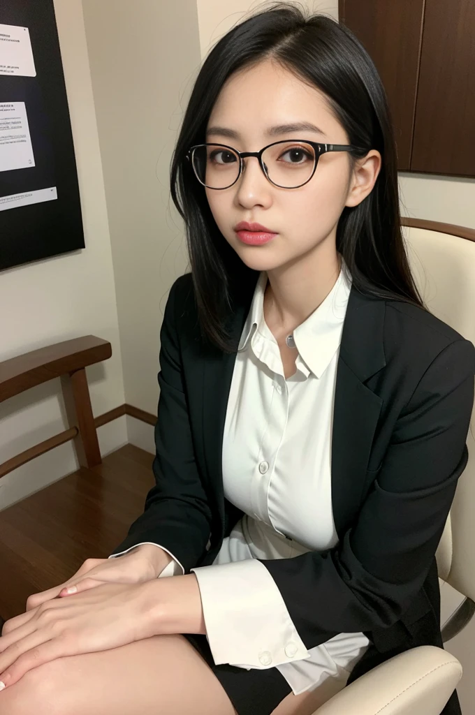 masterpiece、highest quality、Ultra high definition、colorful、flat colors、Depth of bounds written、Lens flare 、1 woman、black hair、shortcut、serious face、angry look、woman around 30 years old、tight white shirt、Black pantsuit、slender body shape、Sitting on a chair at work with legs crossed、touch of detail、dense cloth texture、beautiful facial details、atmosphere、well-groomed face、inside the company、glasses、NSFW、high heels、Two arms、Two legs、