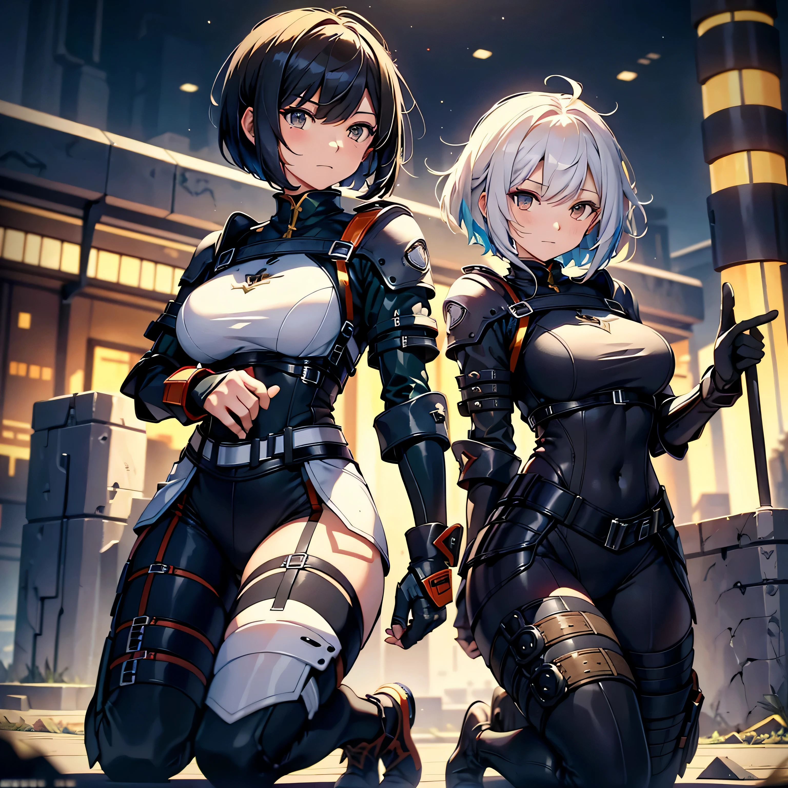 best quality,T Masterpiece,ultimate resolution,fluff,非常にcolorful,colorful,female combatant,(kneeling pose)(pointing at you with his butt)mature woman,Black Super Short Hair,tight combat uniform,tight suit,Steel City Background,night,normal posture,normal posture