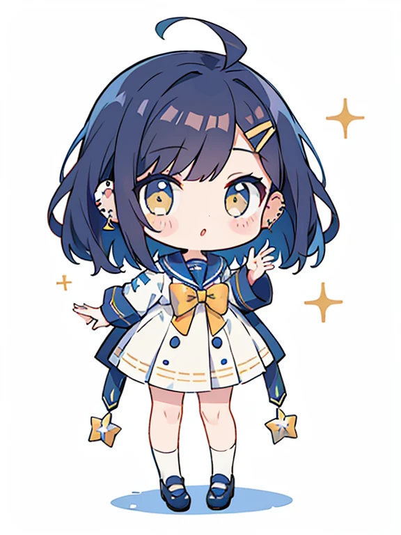 1 girl、((Full body Esbian、Standing picture))、cream hair、medium hair、sailor suit、yellow eyes、(hairpin between face and ear)、ear piercing、white background、simple background、highest quality、table top