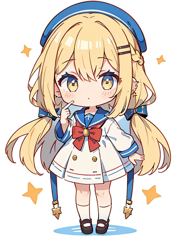 Cute girl, blonde pigtails, big eyes, kawaii, blue eyes, sailor uniform, thick thighs, thigh high socks,