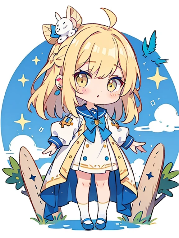 1 girl、((Full body Esbian、Standing picture))、cream hair、medium hair、sailor suit、yellow eyes、(hairpin between face and ear)、ear piercing、white background、simple background、highest quality、table top