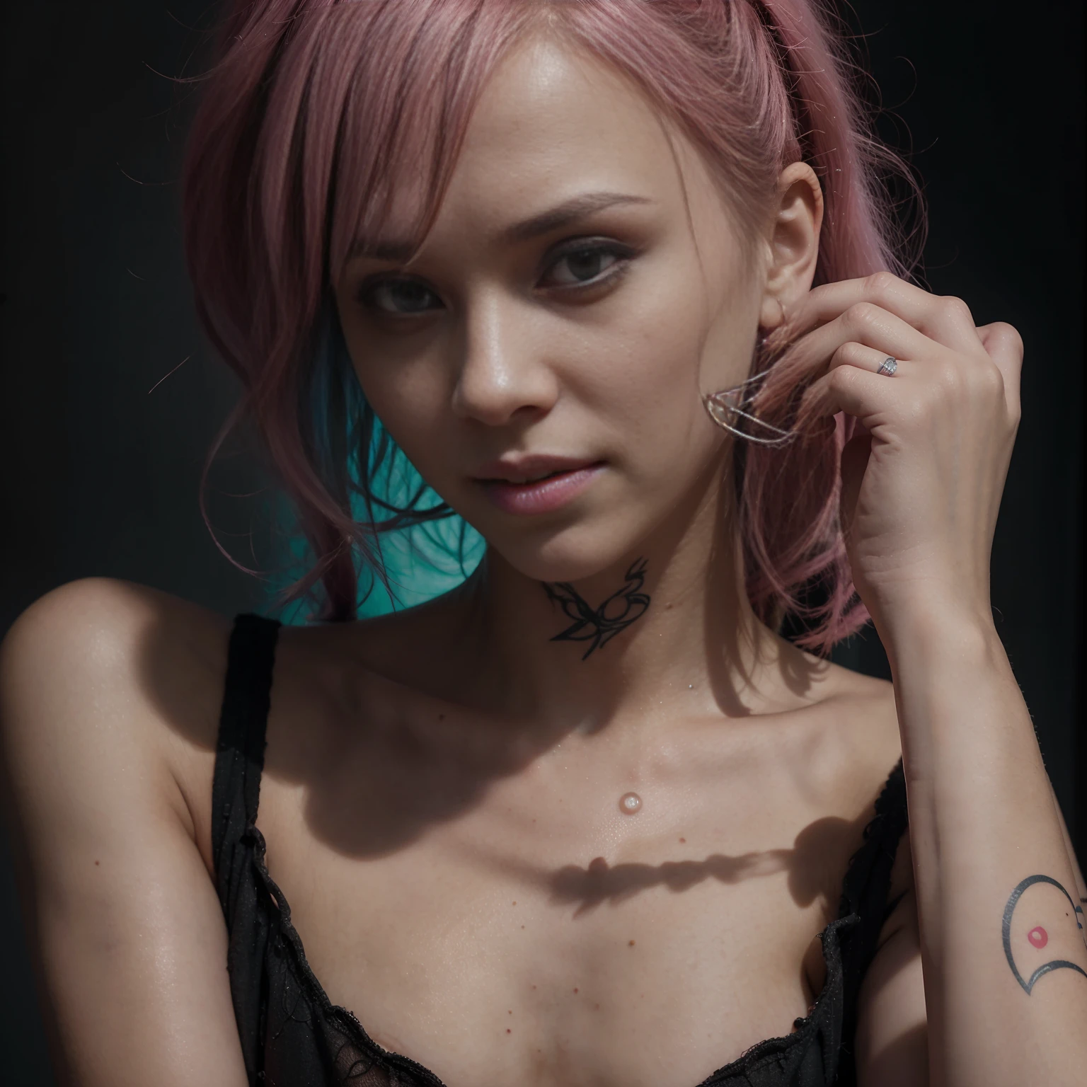 Visible tribal tattoos | full body portrait | Pink haired | Pastel Goth aesthetic | large chested type model ZIPPERS EVERYWHERE | slim  | Gaunt | albino | Zombie-goth | Beyond the veil | liquid dripping | charged | heaving | overflowing tight  bandages | 36 double d proportions | Betty Page Bangs | Black Dhalia Smile | pink eyes | bloody tears | mad scientist labratory | haunted house background | Full body portrait, color portrait, profile picture, professional portrait photography  by Martin Schoeller, by Mark Mann, by Steve McCurry, bokeh, studio lighting, canon lens, shot on dslr, 64 megapixels, sharp focus portrait, ambient light, Nikon 15mm f/1.8G, by Lee Jeffries, Alessio Albi, Adrian Kuipers
