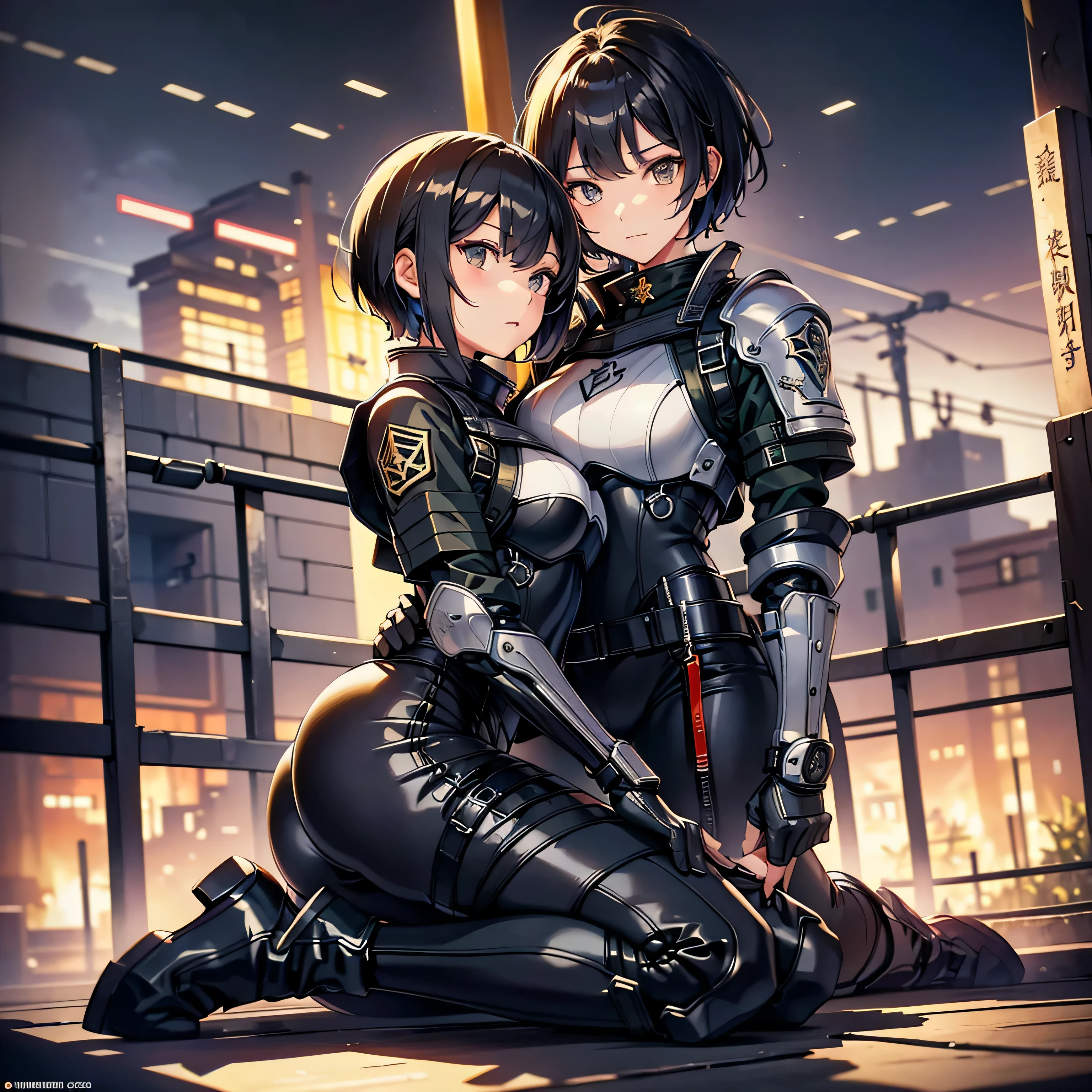 highest quality,T Masterpiece,final solution,Fluffy,非常にcolorful,colorful,female combatant,(kneeling pose)(pointing at your ass)mature woman,black super short hair,tight combat uniform,tight suit,steel city background,night,normal posture,normal posture
