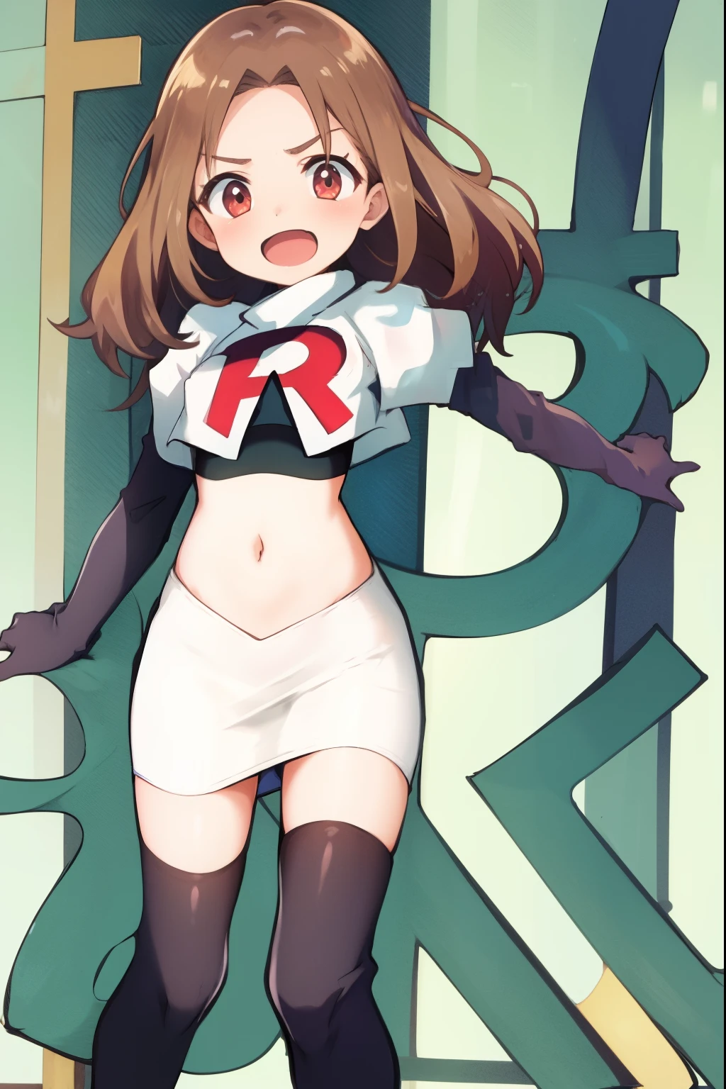 absurdres,masterpiece, best quality, highres, high quality, 1girl,team rocket,team rocket uniform,white skirt,red letter R,crop top,black thigh-highs,black elbow gloves,