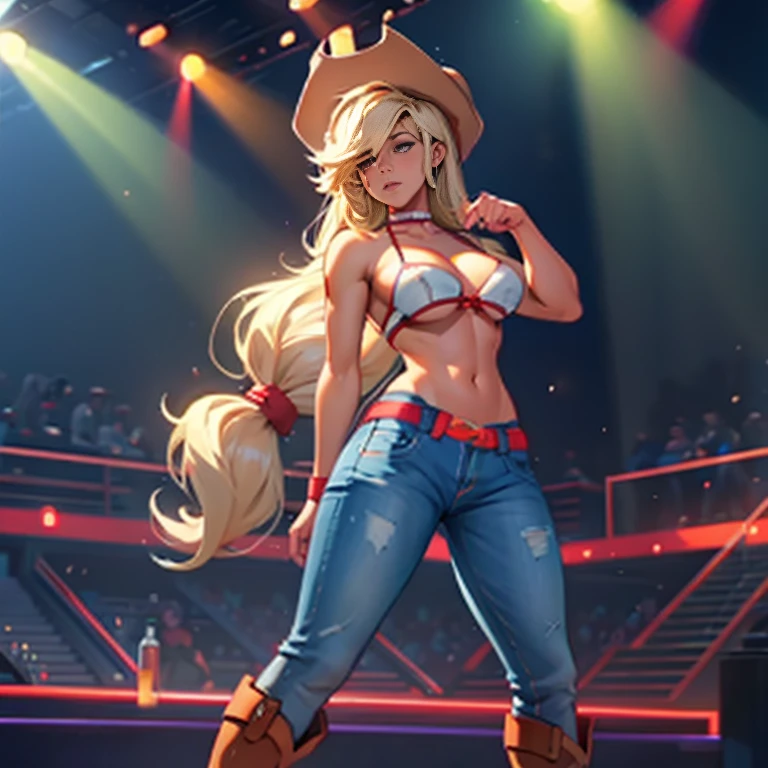 Applejack,  Huge-breasts, Lush breasts, Elastic breasts, hairlong, Luxurious hairstyle, in a strip bar, jeans micro bikini, cow boynhat,  in the sixth, Striptease dancing, on the stage, darkly, Spotlights, Shy, Volumetric figure, sexy, in full height, BDSM boots, Hesitate, Magic, Flight beam, beste-Qualit, Very detailed, 8K quality, in full height