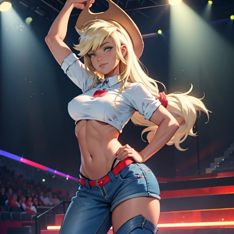 Applejack,  Huge-breasts, Lush breasts, Elastic breasts, hairlong, Luxurious hairstyle, in a strip bar, jeans micro bikini, cow boynhat,  in the sixth, Striptease dancing, on the stage, darkly, Spotlights, Shy, Volumetric figure, sexy, in full height, BDSM boots, Hesitate, Magic, Flight beam, beste-Qualit, Very detailed, 8K quality, in full height