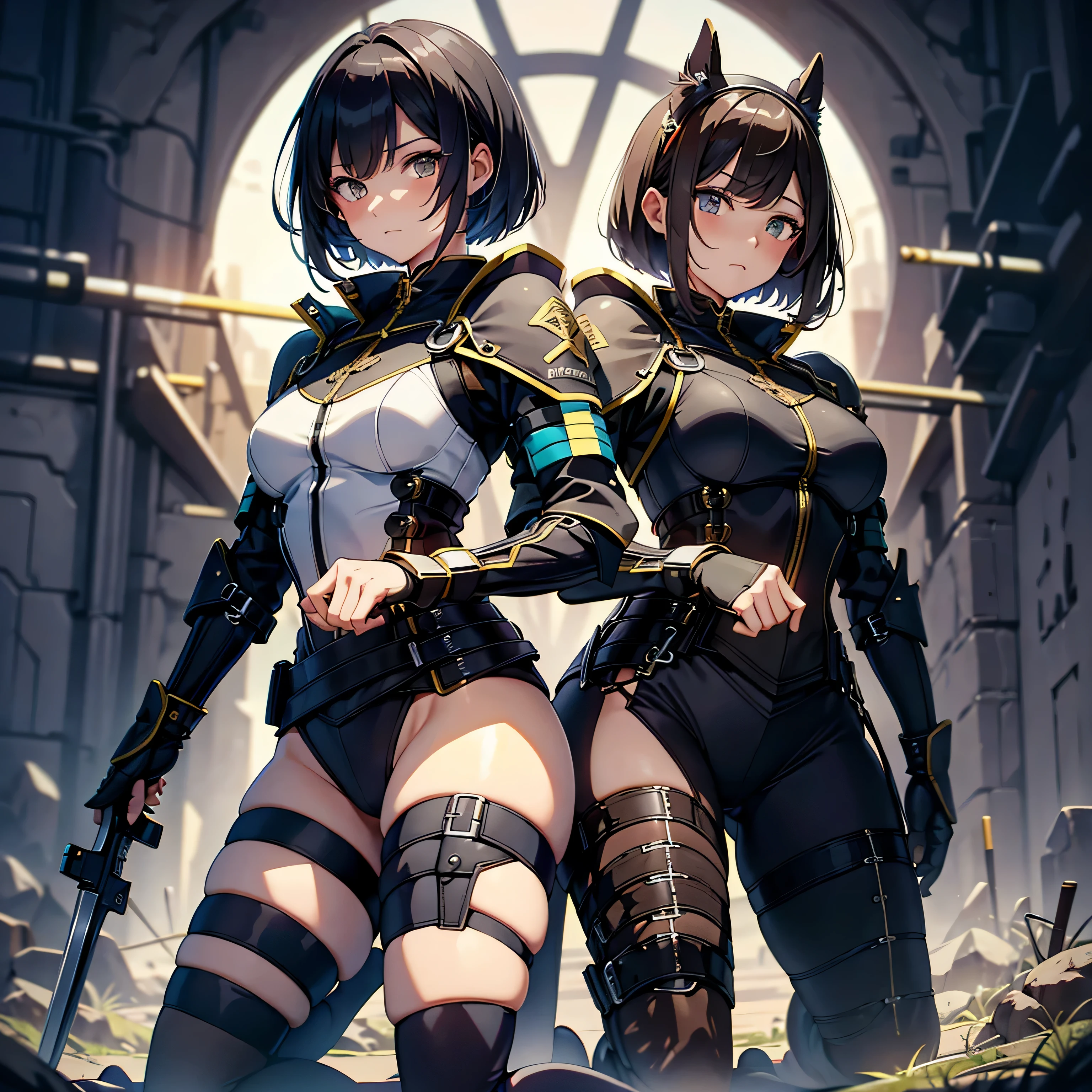 highest quality，T Masterpiece，final solution，Fluffy，非常にcolorful，colorful，female combatant，（kneeling pose）（pointing at your ass）mature woman，black super short hair，tight combat uniform，tight suit，steel city background，night，normal posture，normal posture