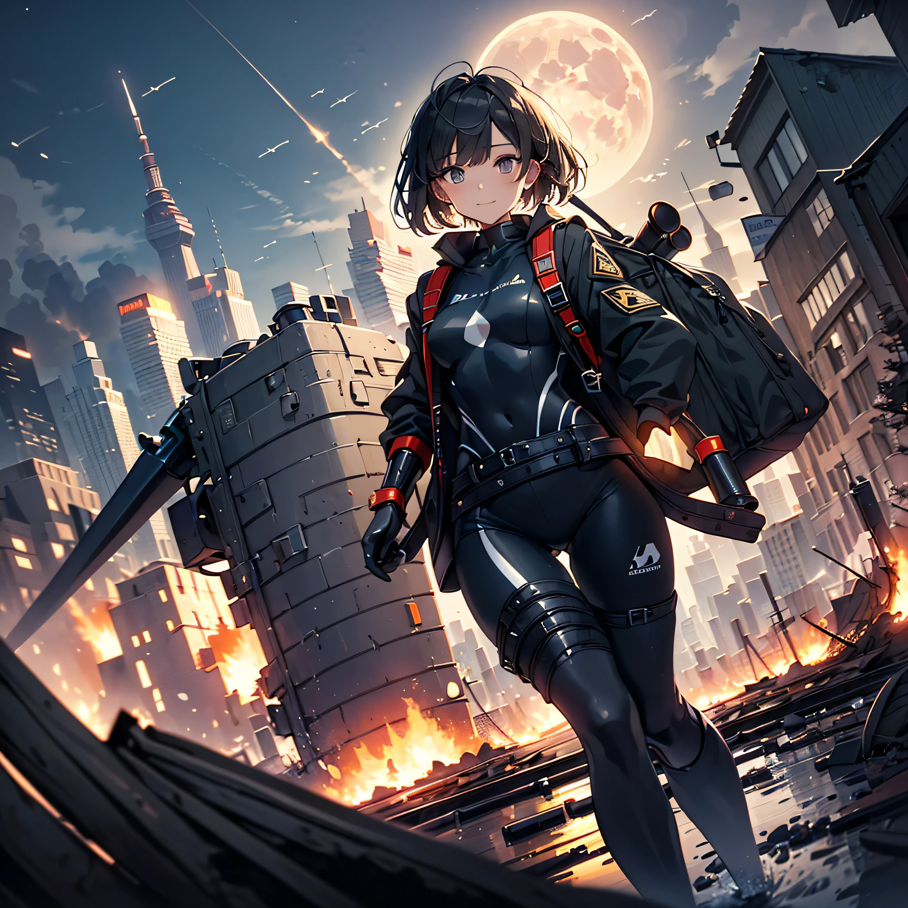 (highest quality,T Masterpiece,final solution,whole body):(Fluffy,19old female fighter,black super short hair,Shiny navy blue and black tight combat uniform,tight suit,dynamic angle、dynamic action、dynamic action、(dynamic pose:1.2)、normal posture,normal posture、Gentle smile)、(Time Machine、Computer、skyscraper gun、weapons of the future、(Backpack:1.1)、Real World、Plankton rattle field、volumetric fog、gray fog、cigarette、 explosion、apocalyptic、destroyed city background、burning building:1.3、splash of water、starry ski、huge moon、Earth、destroyed giant robot、radio tower、airplane flying overhead、shooting star rocket truck、broken car、derailed train、tank、giant weapon、electronic equipment、Luminous mechanism)