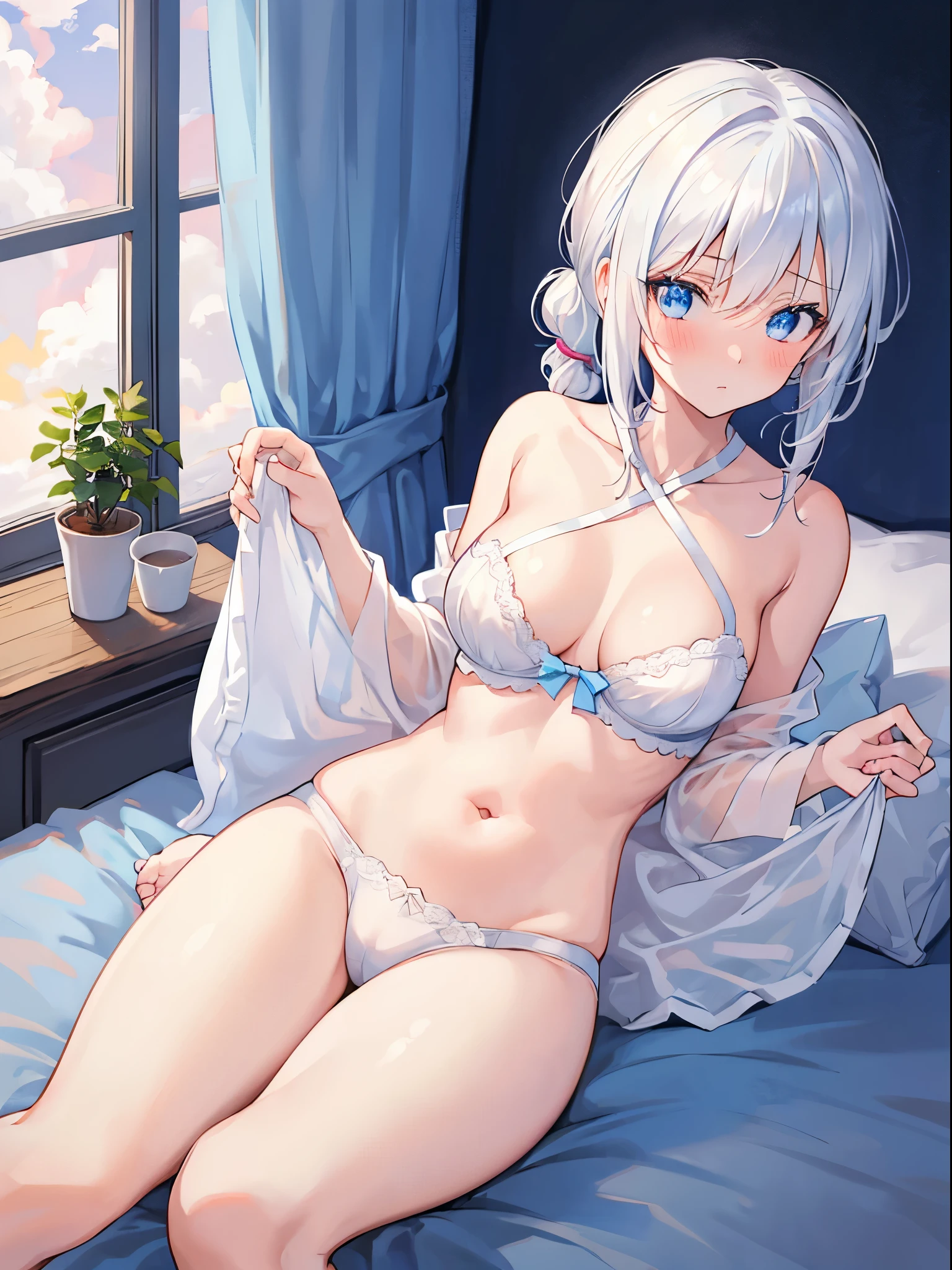1girl in, Medium White Hair, Beautiful sky blue eyes, Pony tail, Cute, blush, medium breasts, undergarment , bedroom, seductiv, streaks in underwear, open legs