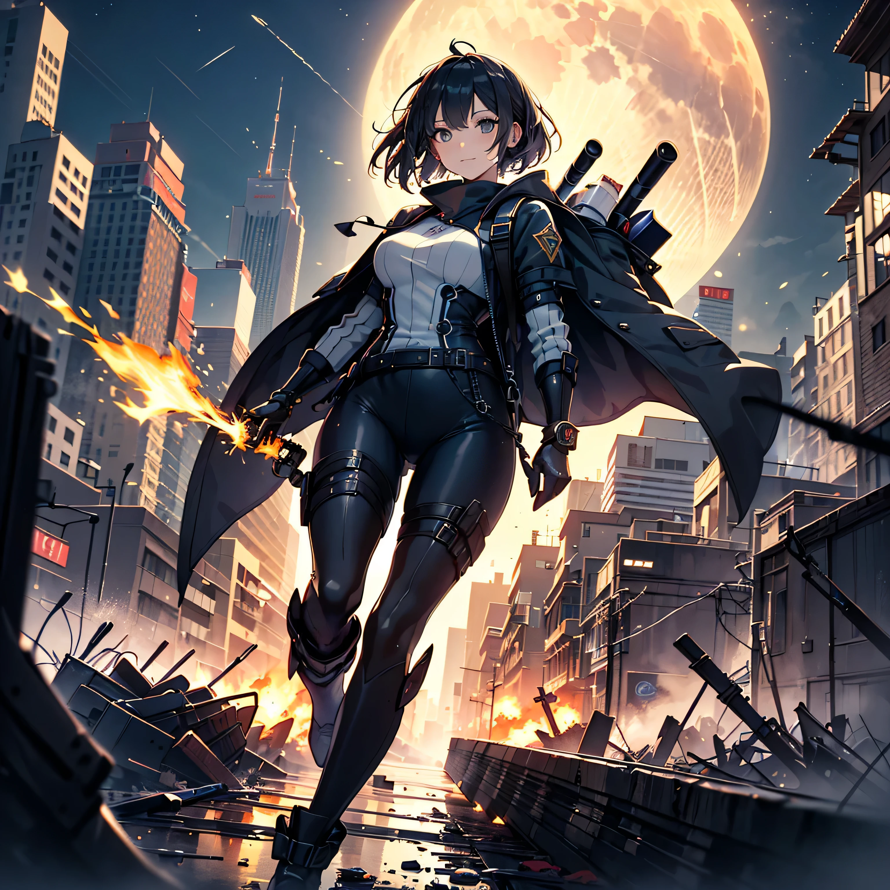 (highest quality,T Masterpiece,final solution,whole body):(Fluffy,19old female fighter,black super short hair,Shiny navy blue and black tight combat uniform,tight suit,dynamic angle、dynamic action、dynamic action、(dynamic pose:1.2)、normal posture,normal posture、Gentle smile)、(Time Machine、Computer、skyscraper gun、weapons of the future、(Backpack:1.1)、Real World、Plankton rattle field、volumetric fog、gray fog、cigarette、 explosion、apocalyptic、destroyed city background、burning building:1.3、splash of water、starry ski、huge moon、Earth、destroyed giant robot、radio tower、airplane flying overhead、shooting star rocket truck、broken car、derailed train、tank、giant weapon、electronic equipment、Luminous mechanism)