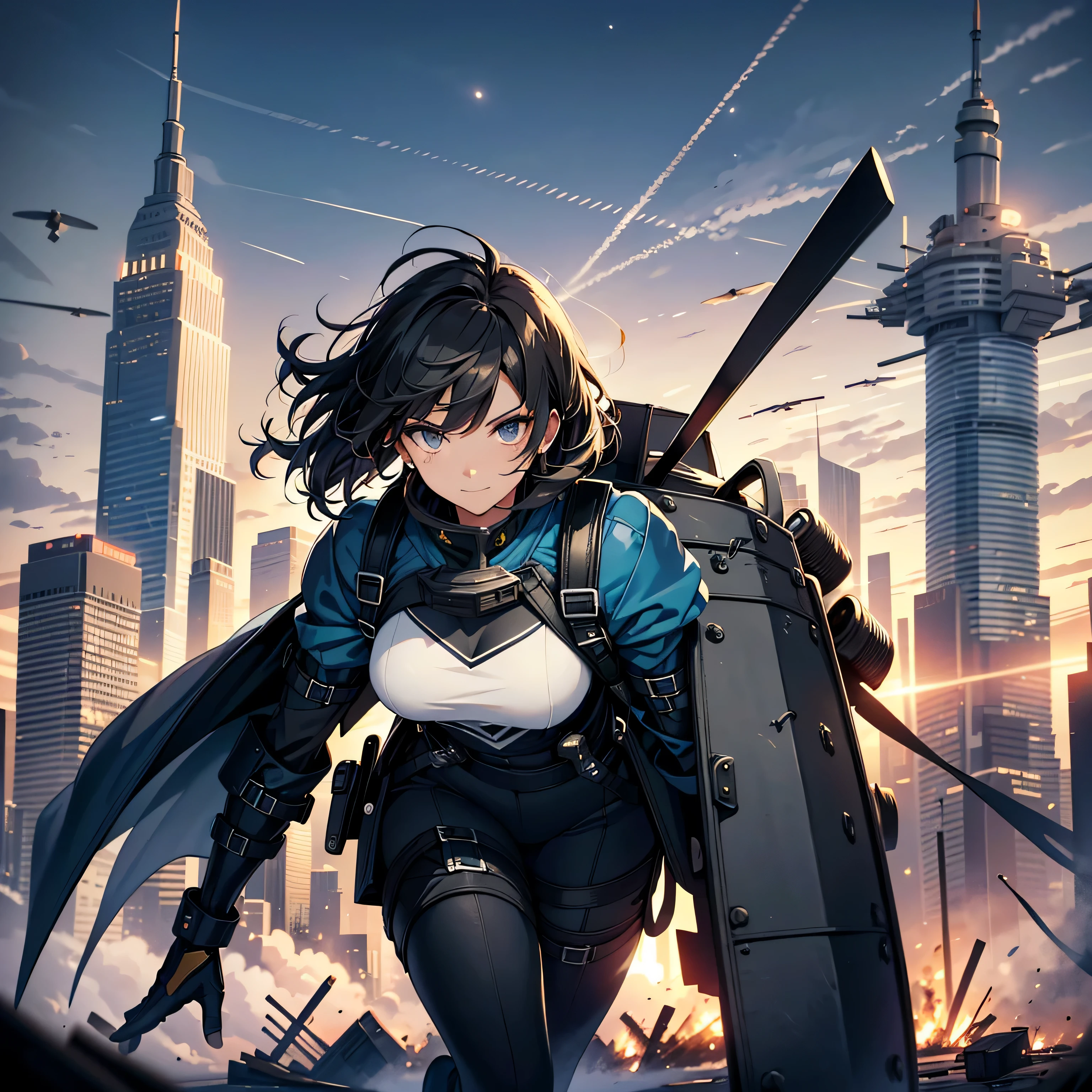 (highest quality,T Masterpiece,final solution,whole body):(Fluffy,19old female fighter,black super short hair,Shiny navy blue and black tight combat uniform,tight suit,dynamic angle、dynamic action、(dynamic pose:1.2)、normal posture,normal posture、Gentle smile)、(Time Machine、Computer、skyscraper gun、weapons of the future、(Backpack:1.1)、Real World、Plankton rattle field、volumetric fog、gray fog、cigarette、 explosion、apocalyptic、destroyed city background、burning building:1.3、splash of water、starry ski、huge moon、Earth、destroyed giant robot、radio tower、airplane flying overhead、shooting star rocket truck、broken car、derailed train、tank、giant weapon、electronic equipment、Luminous mechanism)