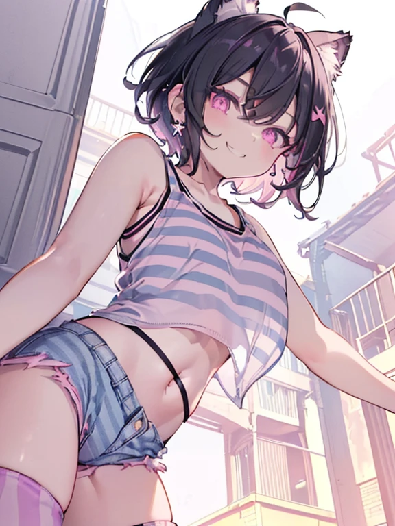 (8K、best image quality、highest quality、masterpiece)、detailed face、1 change、black hair、((Twin-tailed bangs、short hair、wavy hair、pink eyes、earrings、evil smile、grin、small chest、((white tank top camisole)) 、denim short shorts、((Striped Thigh Socks))、cowboy shot、facing the front、((taken from below:1.5))、Back alley background